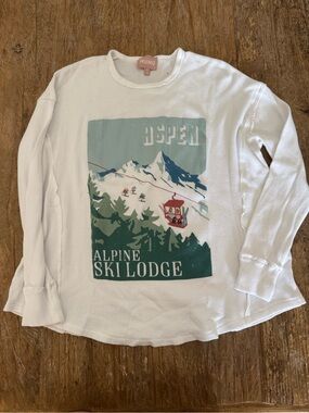 Show Me Your MuMu White Long Sleeve Aspen Alpine Ski Lodge Graphic Tee
